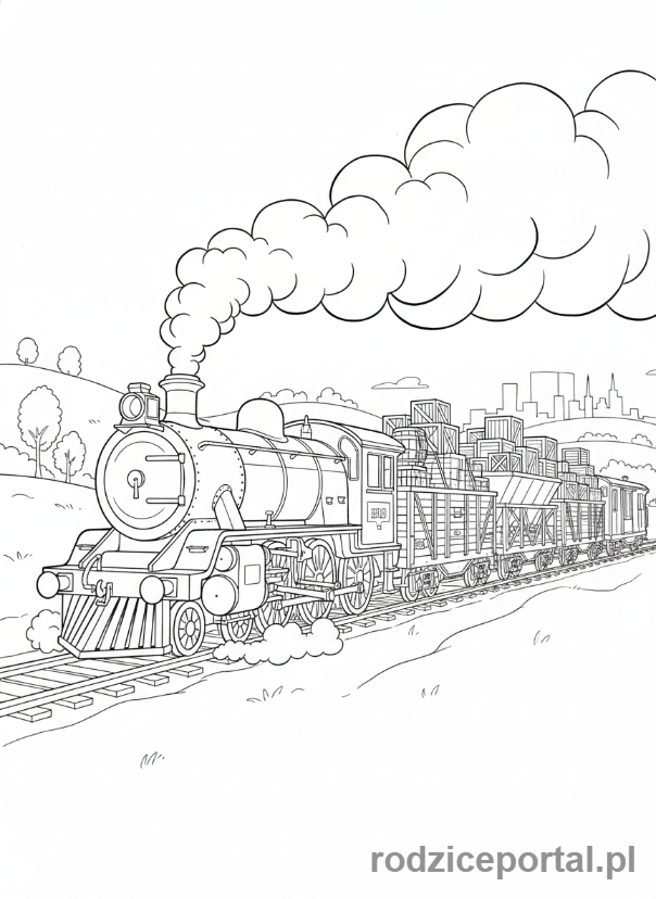 Kolorowanka Tomek I Przyjaciele - Lokomotywa towarowa wiezie skrzynie.