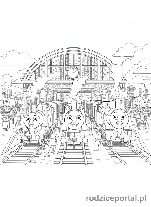 Kolorowanka Tomek I Przyjaciele - Lokomotywy na stacji Sodor.