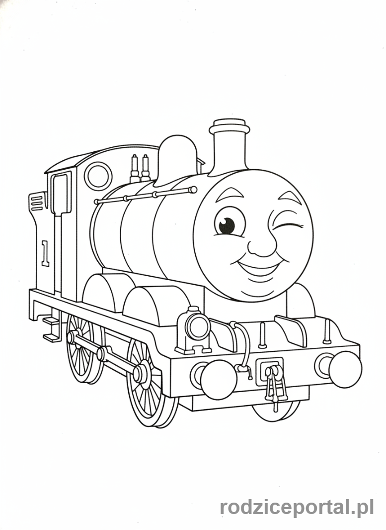 Kolorowanka Tomek I Przyjaciele - Piotruś, zielona lokomotywa, mruga okiem.