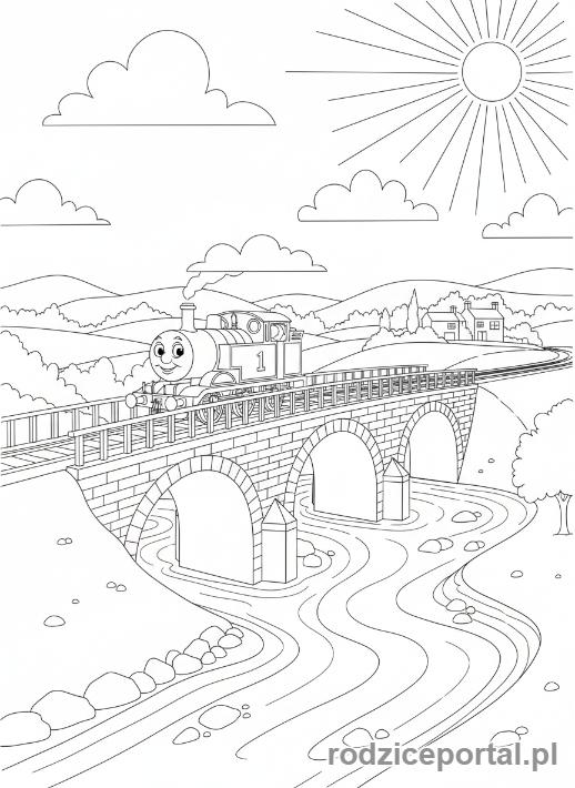 Kolorowanka Tomek I Przyjaciele - Tomek przejeżdża przez most.