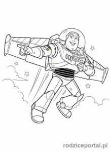 Kolorowanka Toy Story - Buzz Astral aktywujący swoje skrzydła.