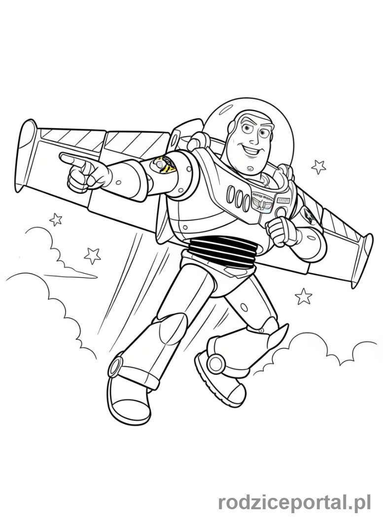 Kolorowanka Toy Story - Buzz Astral aktywujący swoje skrzydła.