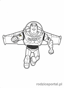 Kolorowanka Toy Story - Buzz Astral w dynamicznej pozie lotu.