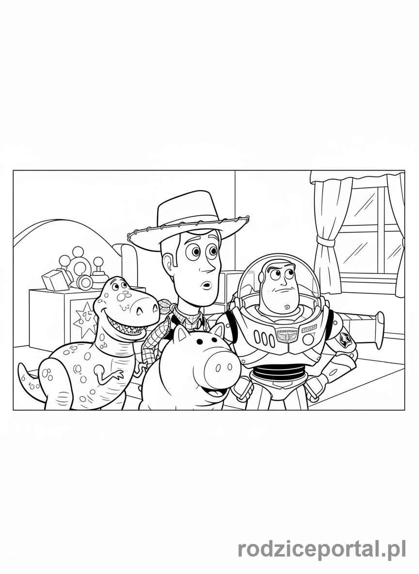 Kolorowanka Toy Story - Grupa zabawek Andy'ego patrząca z zaciekawieniem.