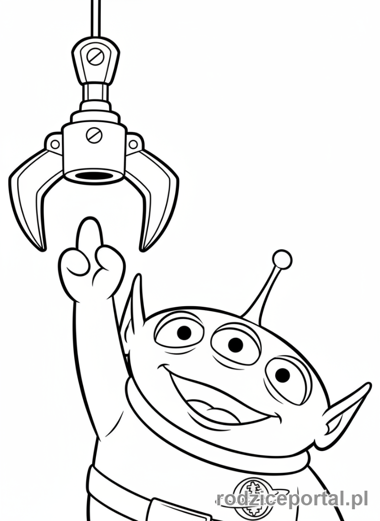 Kolorowanka Toy Story - Jeden mały zielony kosmita z Toy Story trzymający pazur.