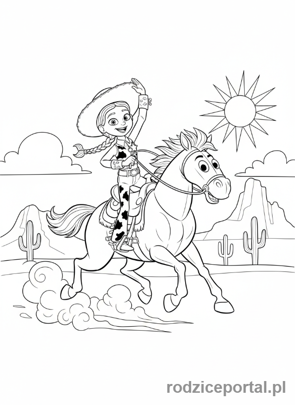 Kolorowanka Toy Story - Jessie i jej koń Bully, w biegu.