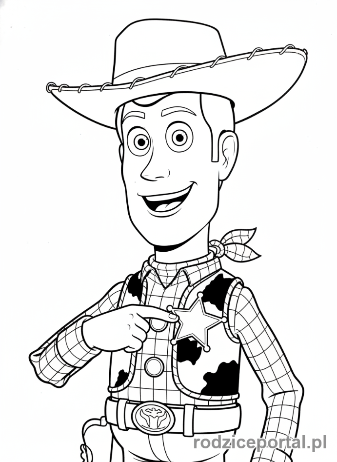 Kolorowanka Toy Story - Szeryf Woody pokazujący swoją odznakę.