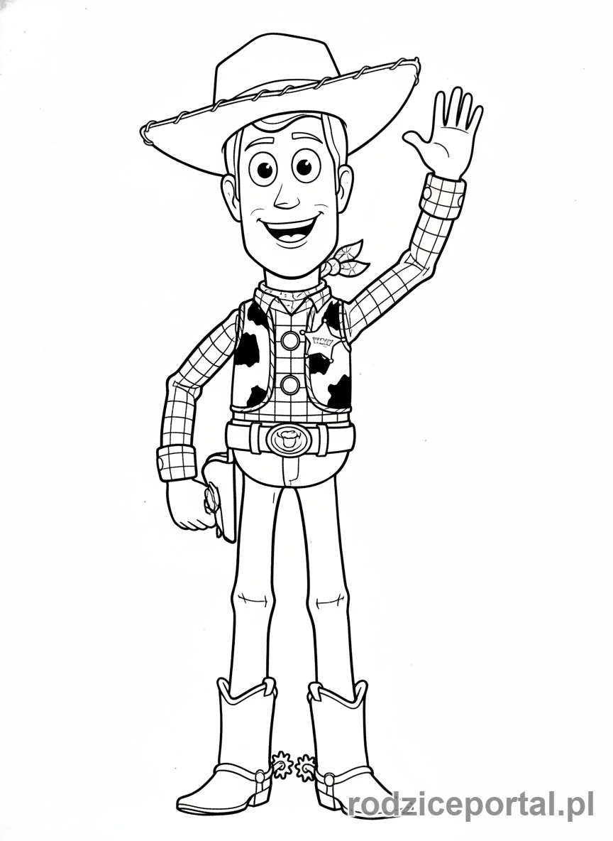 Kolorowanka Toy Story - Szeryf Woody pozdrawiający z uśmiechem.