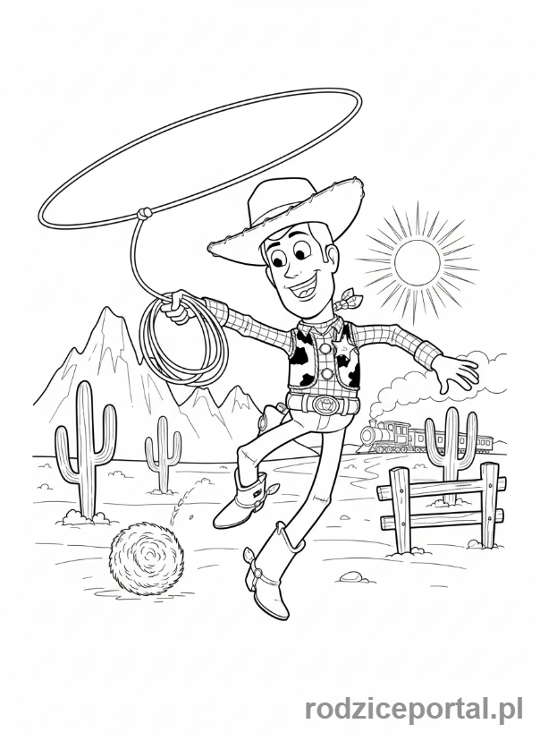 Kolorowanka Toy Story - Szeryf Woody rzucający lasso.