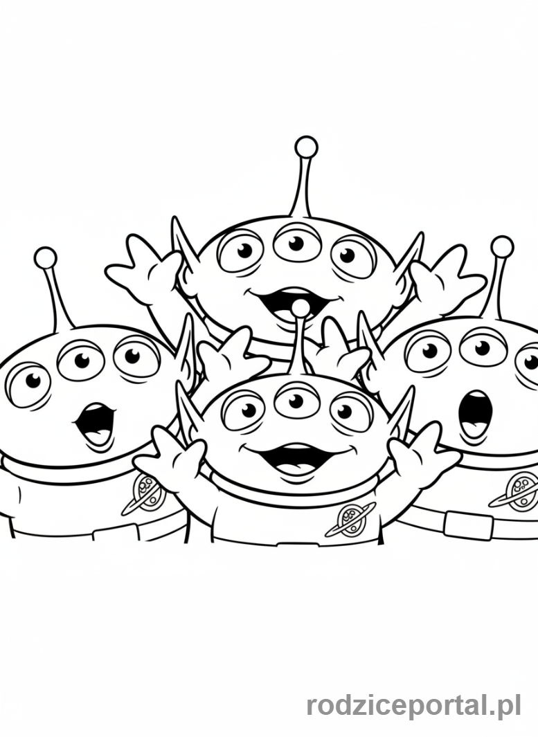 Kolorowanka Toy Story - Trzech kosmitów z Toy Story krzyczących 'Ooooh!'.