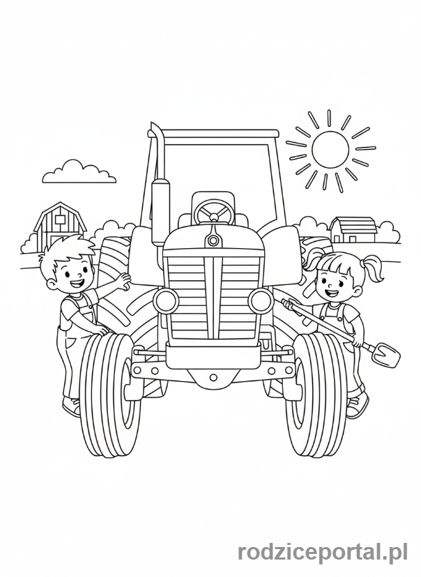 Kolorowanka Traktory - Dzieci bawiące się przy traktorze