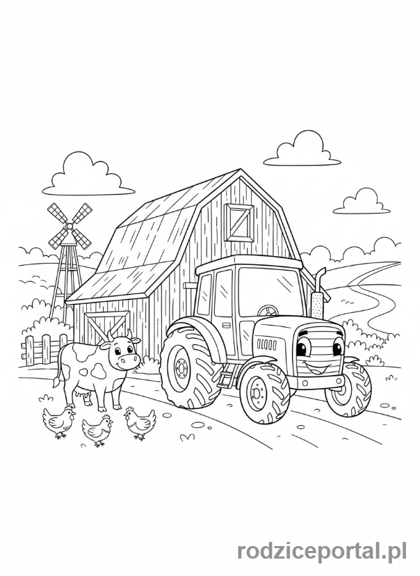 Kolorowanka Traktory - Traktor na farmie ze zwierzętami.
