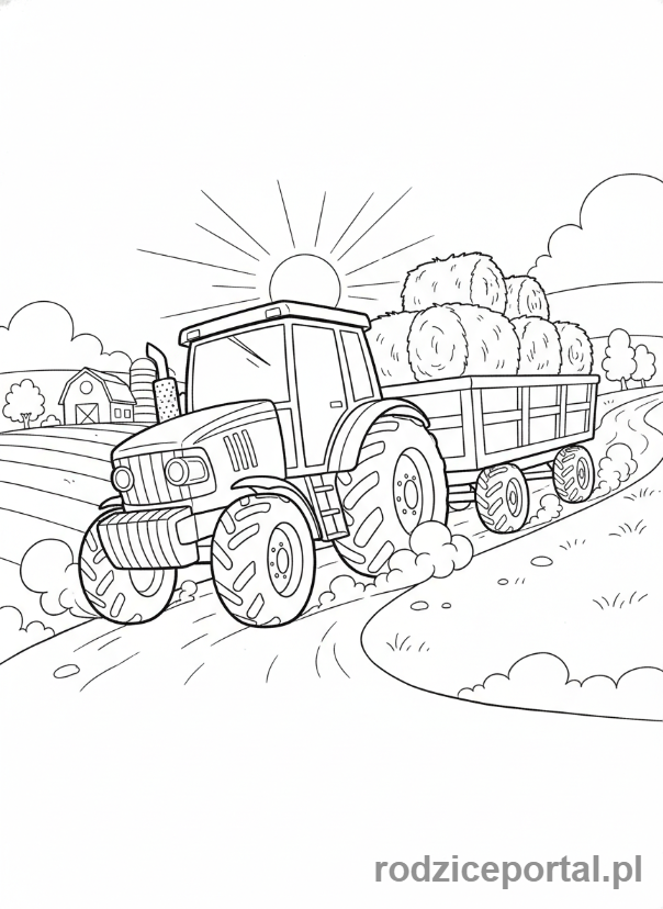 Kolorowanka Traktory - Zielony traktor z przyczepą siana.