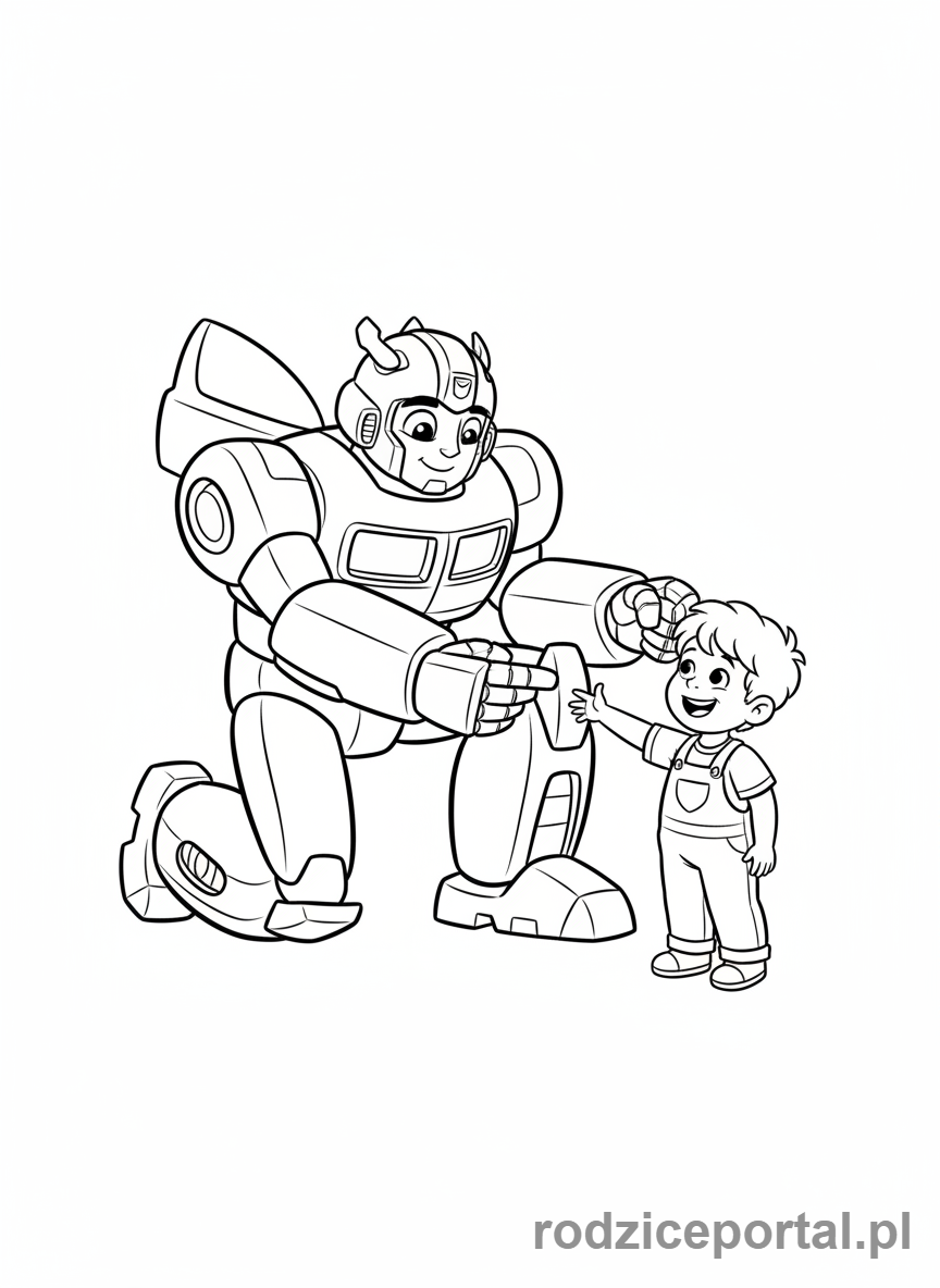 Kolorowanka Transformers - Bumblebee interakcja z ludzkim dzieckiem, przyjazna poza