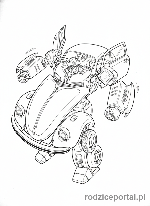 Kolorowanka Transformers - Bumblebee, transformujący się z samochodu w robota, w trakcie przemiany