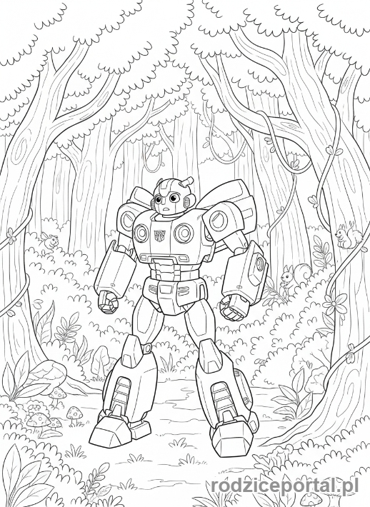 Kolorowanka Transformers - Bumblebee w lesie, wyglądający ciekawie