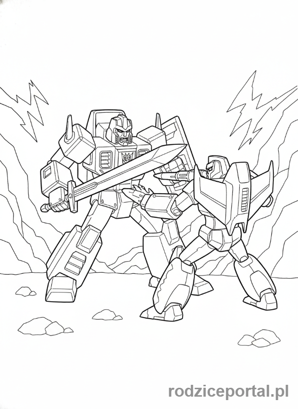 Kolorowanka Transformers - Grimlock w starciu z innym robotem (proste linie)