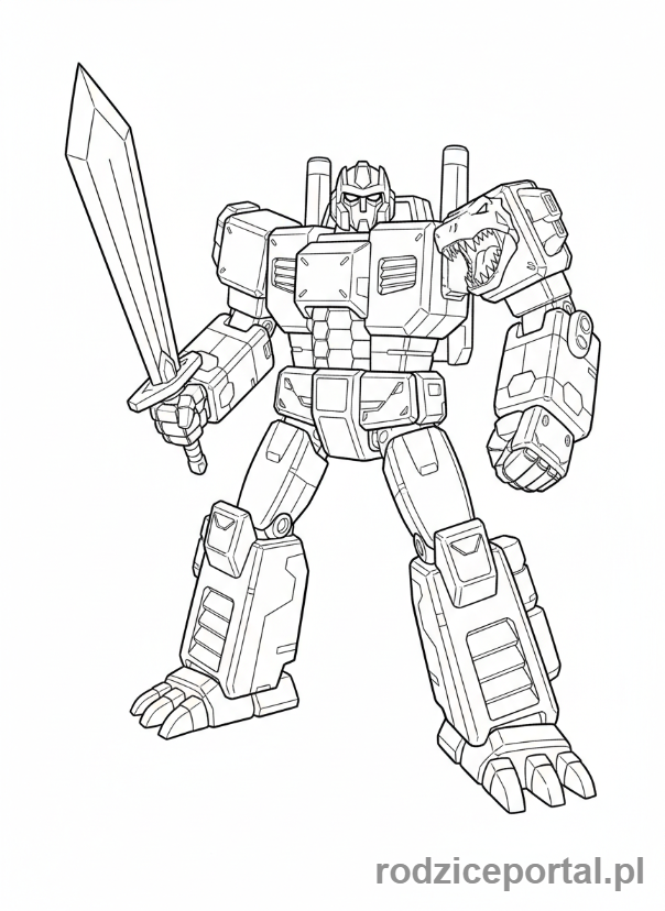 Kolorowanka Transformers - Grimlock w trybie robota, z ryczącą głową dinobota na ramieniu