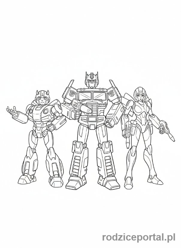 Kolorowanka Transformers - Grupa Autobotów (Optimus, Bumblebee, Arcee), cała sylwetka