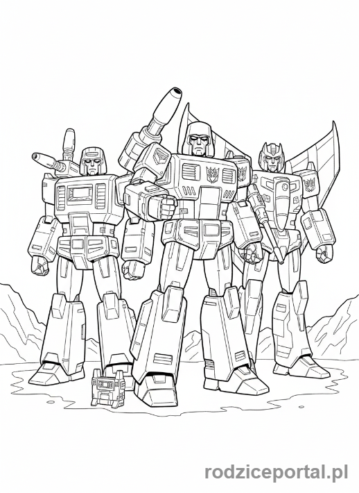 Kolorowanka Transformers - Grupa Decepticonów (Megatron, Starscream, Soundwave), cała sylwetka