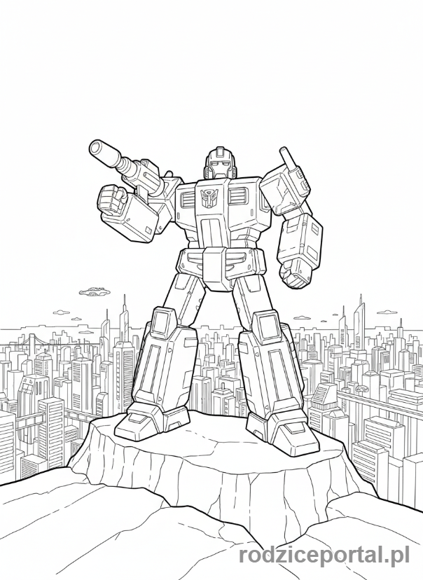 Kolorowanka Transformers - Ironhide spoglądający na miasto, poza strażnika