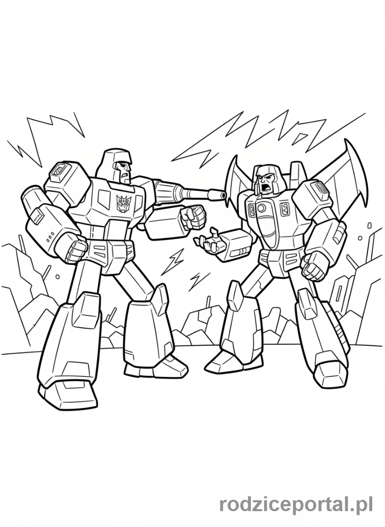 Kolorowanka Transformers - Megatron i Starscream w kłótni, dynamiczna interakcja