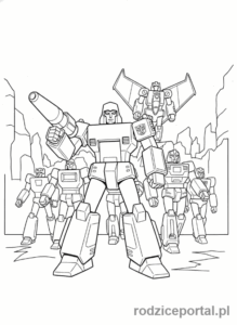 Kolorowanka Transformers - Megatron prowadzący Decepticony (uproszczone linie)