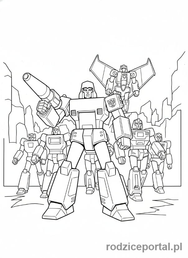 Kolorowanka Transformers - Megatron prowadzący Decepticony (uproszczone linie)