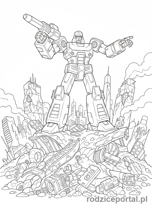Kolorowanka Transformers - Megatron stojący na stosie gruzu, triumfalnie