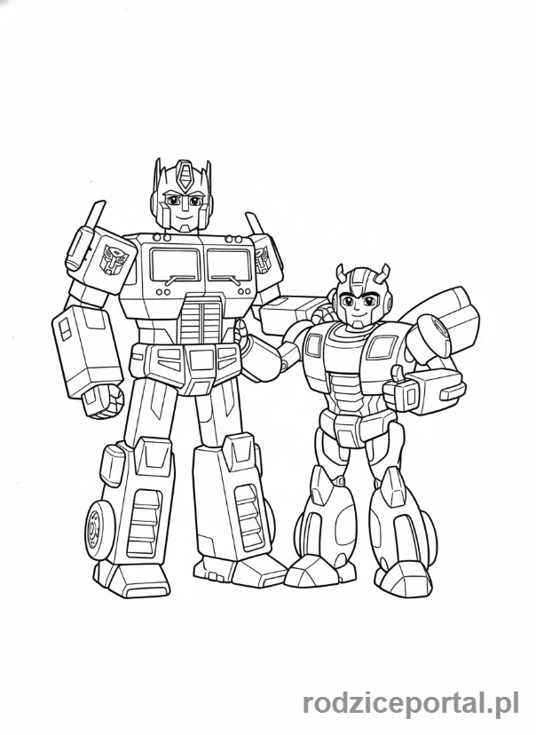 Kolorowanka Transformers - Optimus Prime i Bumblebee stojący razem, przyjaźnie