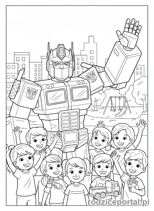 Kolorowanka Transformers - Optimus Prime machający do dzieci, scena miejska