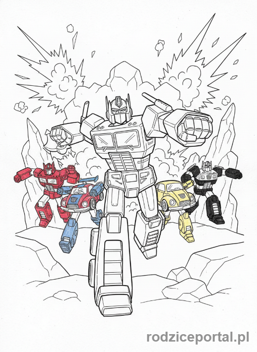 Kolorowanka Transformers - Optimus Prime prowadzący Autobotów do bitwy (uproszczone linie)