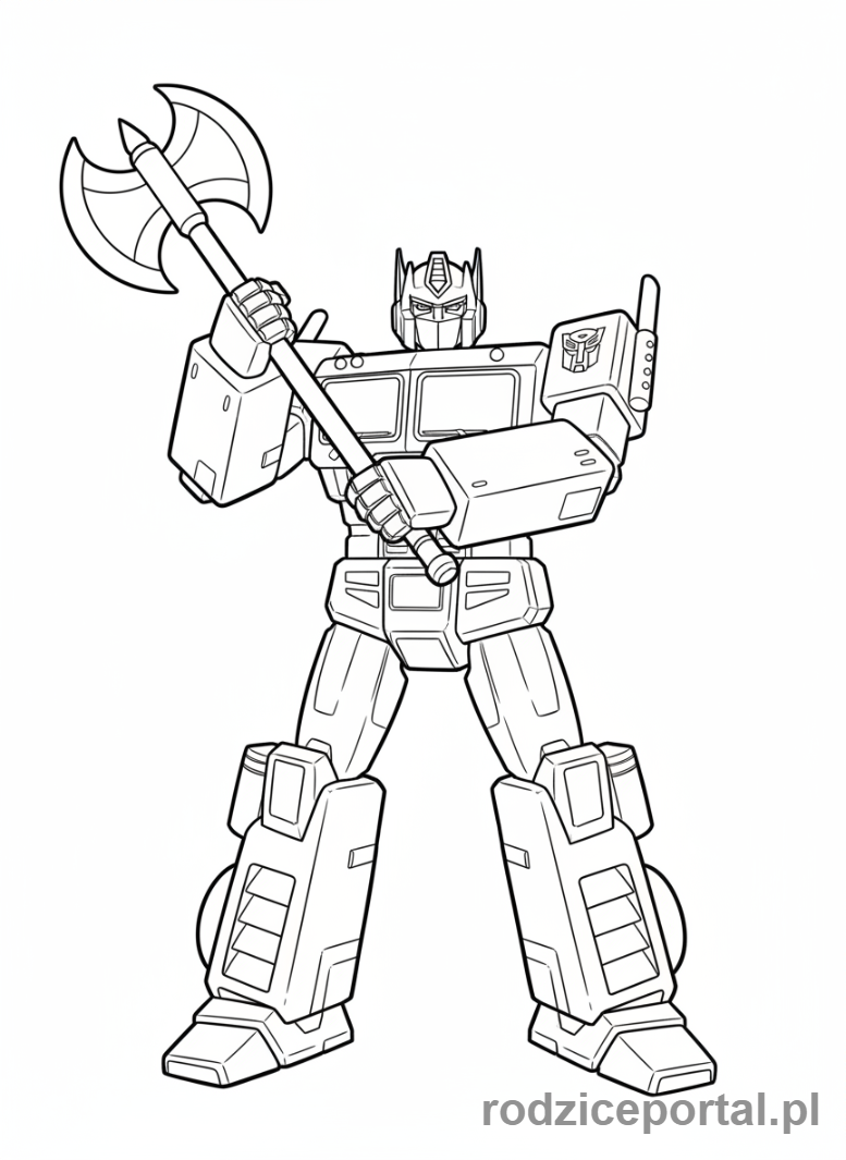Kolorowanka Transformers - Optimus Prime stojący z toporem bojowym