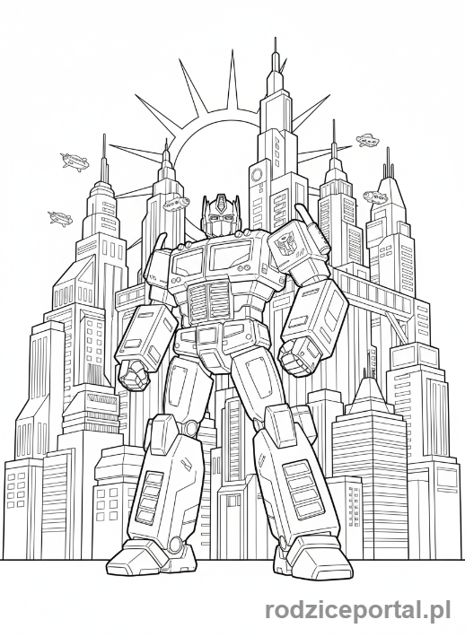 Kolorowanka Transformers - Optimus Prime, sylwetka na tle futurystycznego miasta