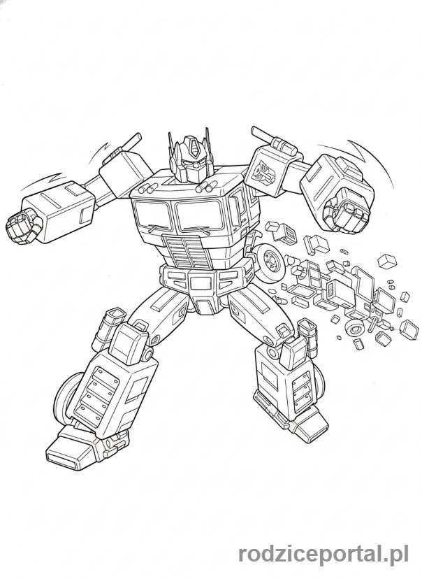 Kolorowanka Transformers - Optimus Prime, transformujący się z ciężarówki w robota, w trakcie przemiany