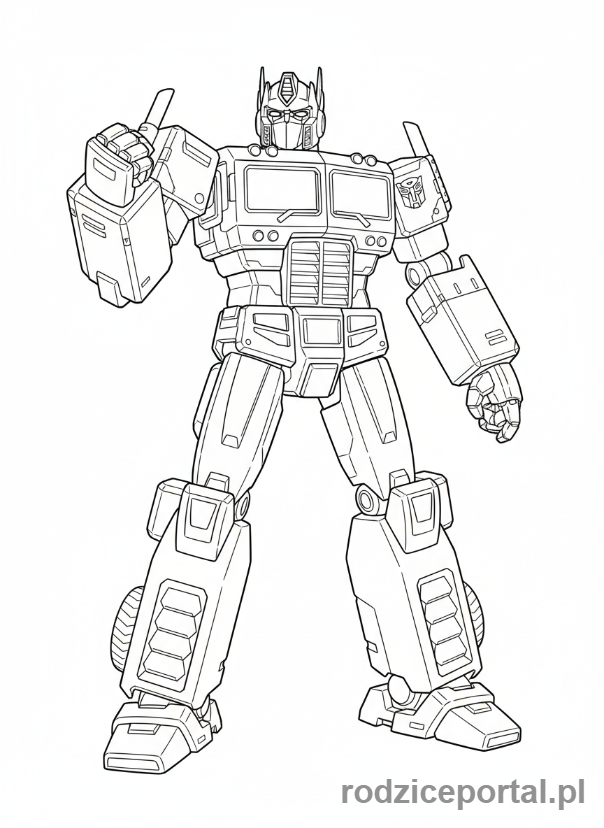 Kolorowanka Transformers - Optimus Prime w heroicznej pozie, cała sylwetka