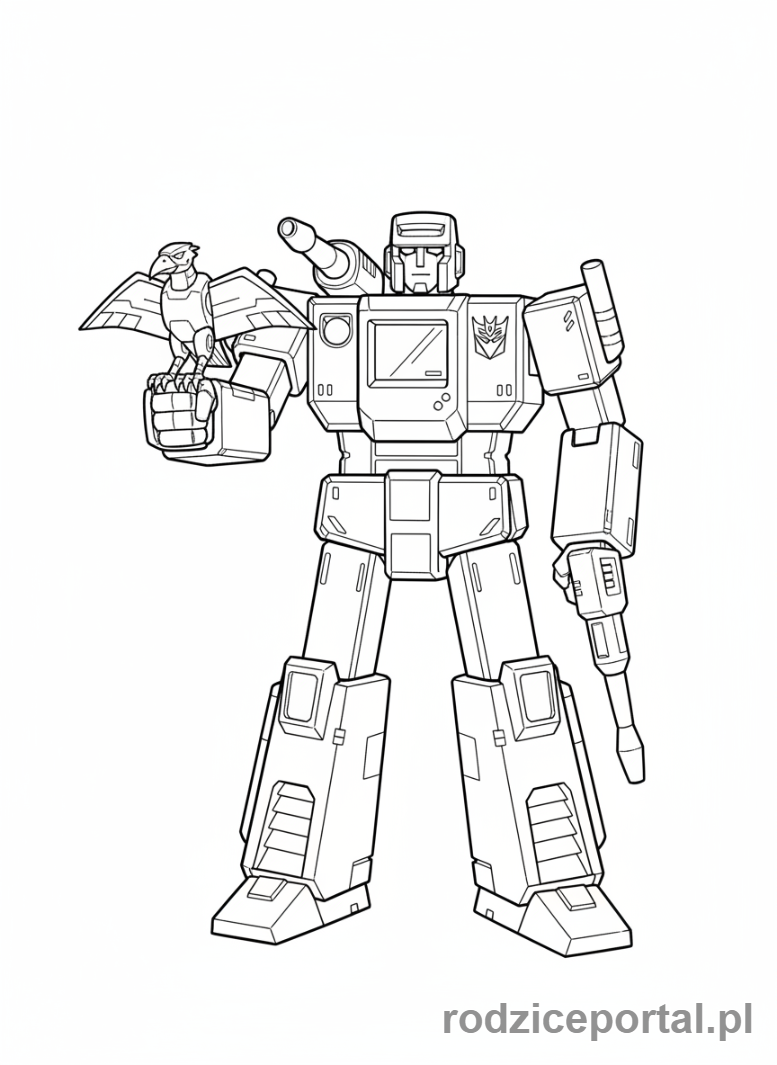 Kolorowanka Transformers - Soundwave, z Laserbeakiem siedzącym na jego ramieniu