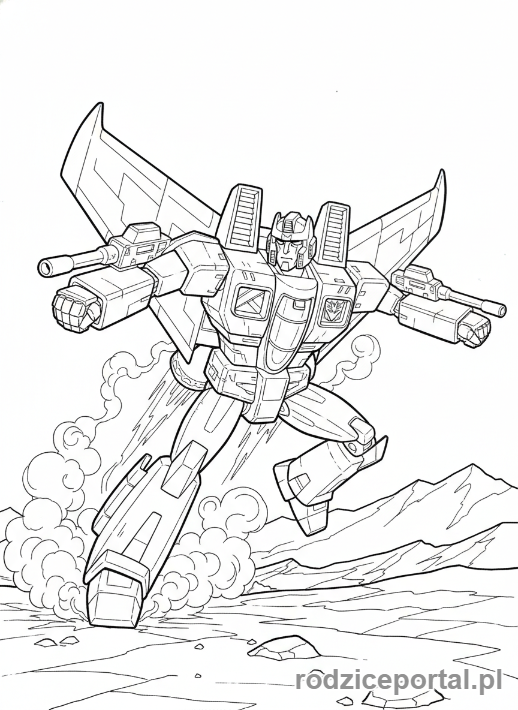 Kolorowanka Transformers - Starscream lądujący po locie, dynamiczna poza
