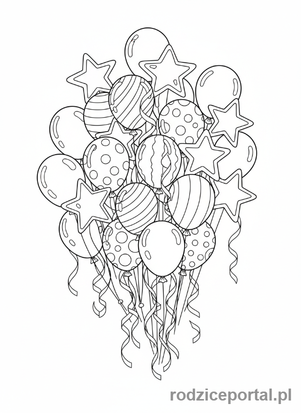 Kolorowanka Urodzinowe - Balony i serpentyny