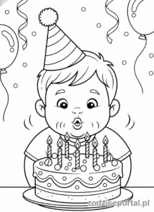 Kolorowanka Urodzinowe - Chłopiec zdmuchujący świeczki