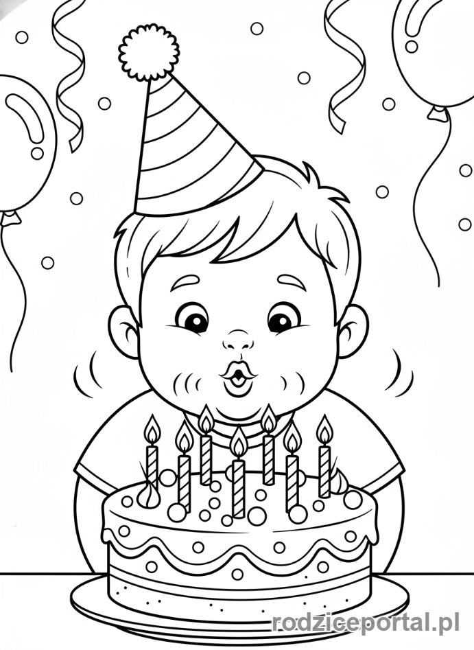 Kolorowanka Urodzinowe - Chłopiec zdmuchujący świeczki