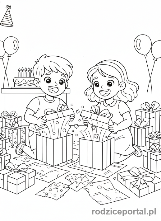 Kolorowanka Urodzinowe - Dzieci otwierające prezenty