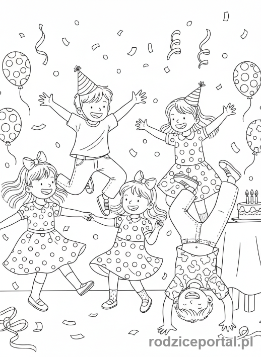 Kolorowanka Urodzinowe - Dzieci tańczące na imprezie