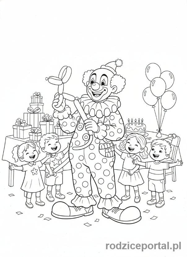 Kolorowanka Urodzinowe - Klaun na przyjęciu