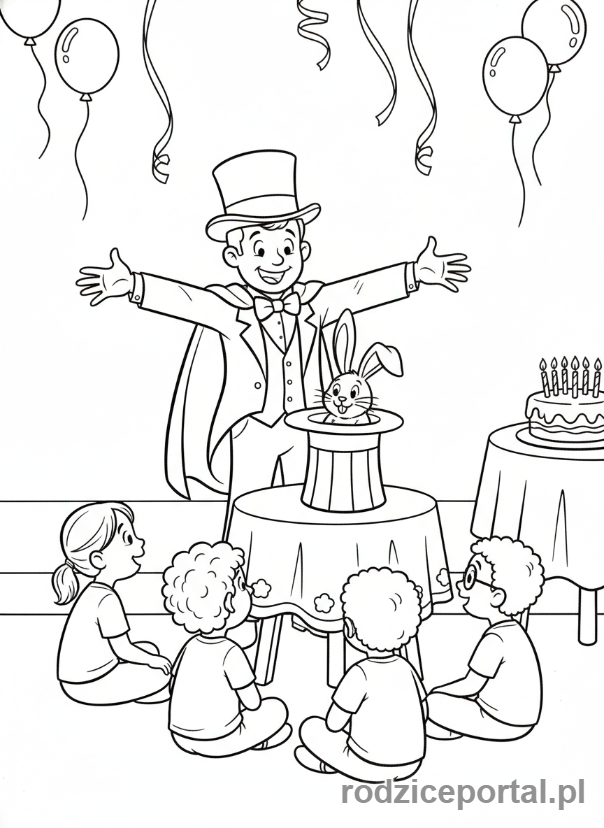 Kolorowanka Urodzinowe - Magik wykonujący sztuczki