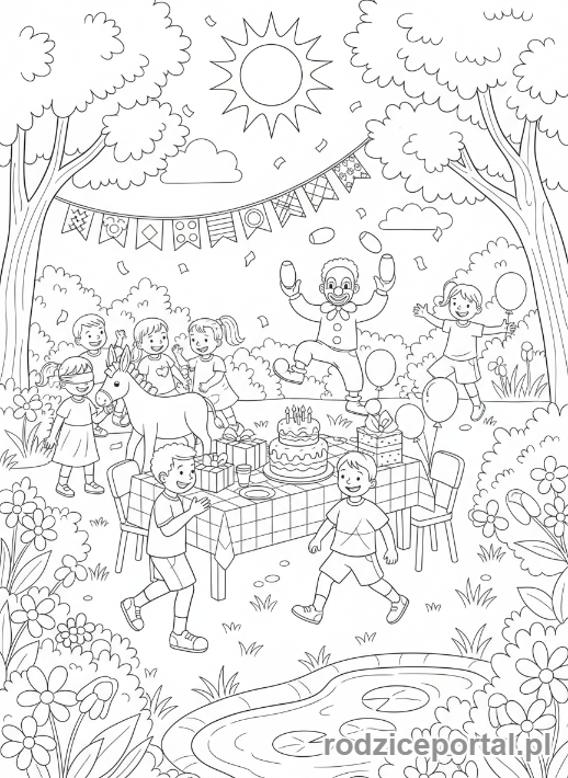 Kolorowanka Urodzinowe - Przyjęcie urodzinowe w ogrodzie