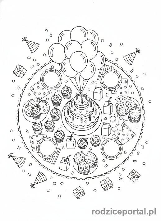 Kolorowanka Urodzinowe - Stół z przekąskami urodzinowymi