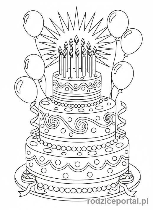Kolorowanka Urodzinowe - Tort urodzinowy ze świeczkami