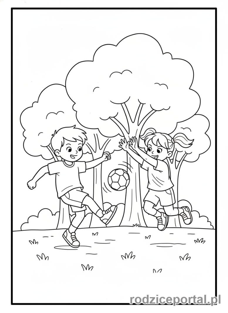 Kolorowanka Wakacyjne - Chłopiec i dziewczynka grający w piłkę