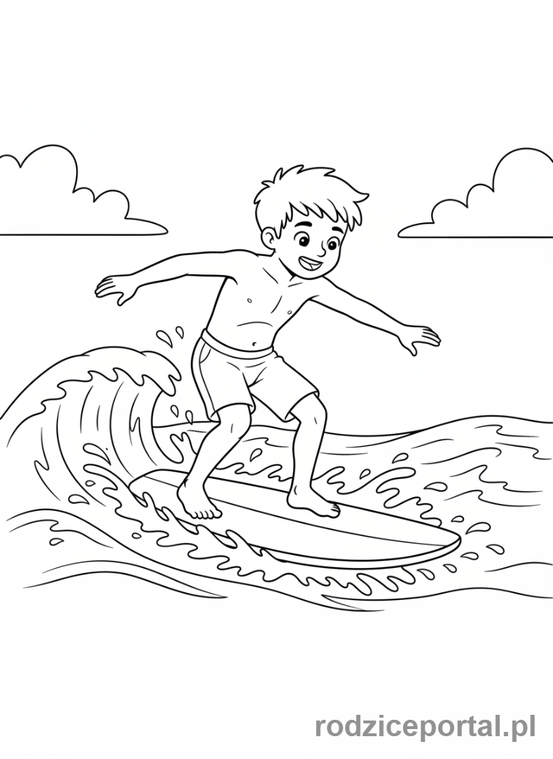 Kolorowanka Wakacyjne - Chłopiec pływający z deską surfingową